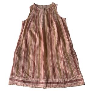 100% Muslin Cotton Striped Sleeveless Pink Beige Swing Dress, Scoop Neck, Sz L